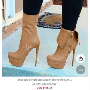Tan stiletto bootie w/gold side zipper.